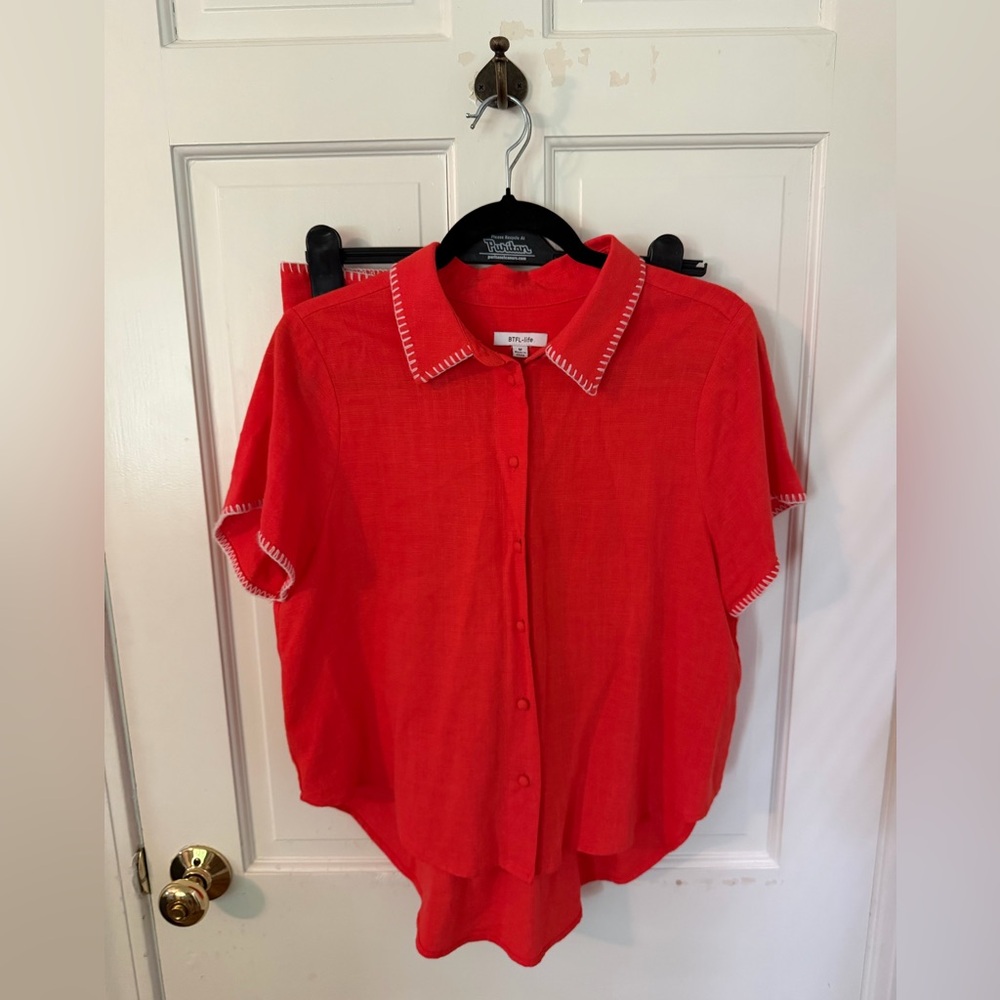 Red Button-Up Short Sleeve Top & Bottom with Contrast Stitching